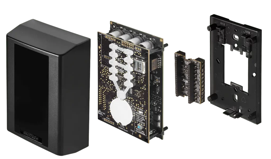Disassembled view of the Kantech KT-1 controller showing internal structure and components.