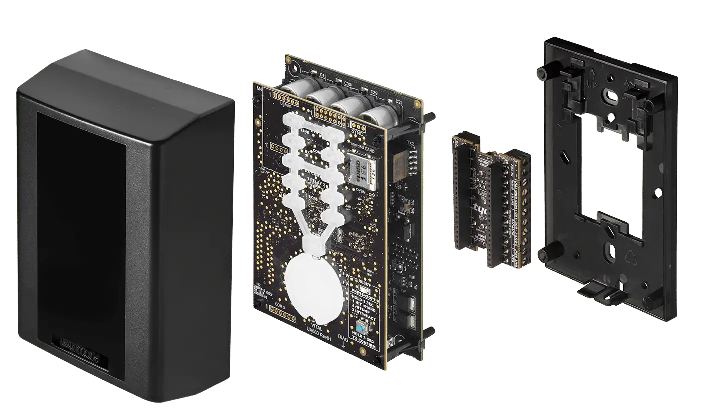 Disassembled view of the Kantech KT-1 controller showing internal structure and components.