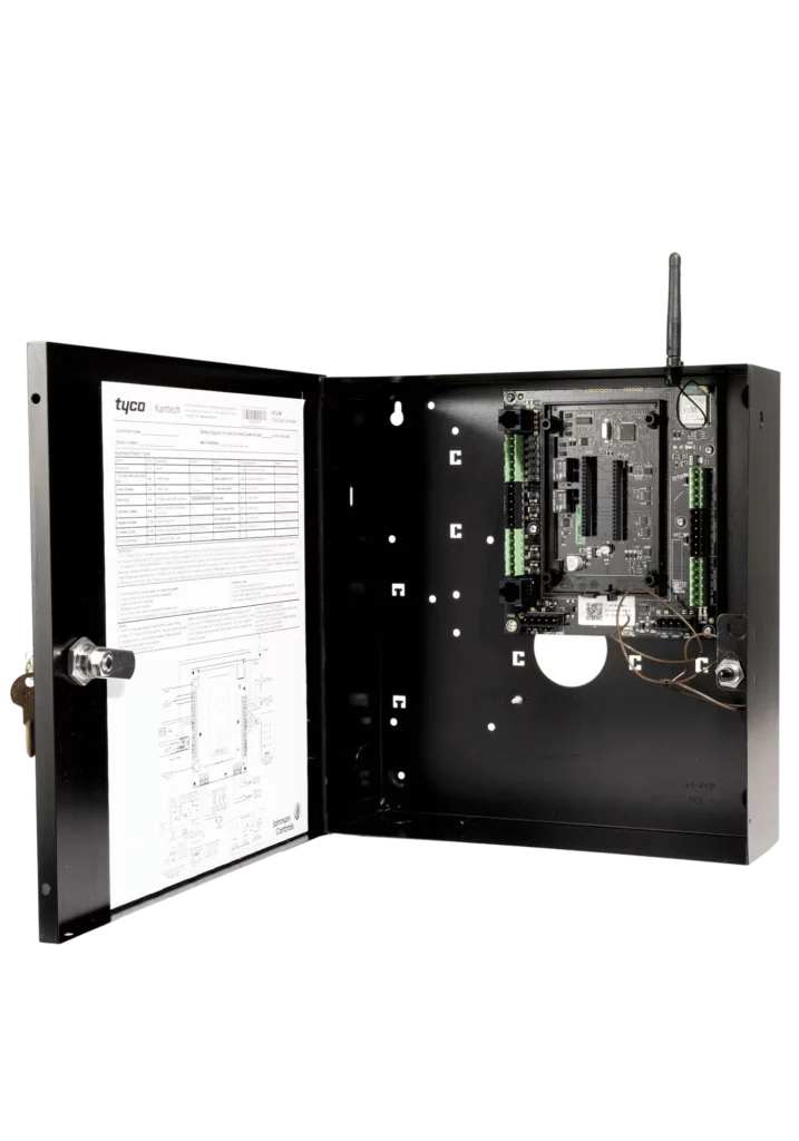 Kantech KT-2 controller shown in an open cabinet for accessibility and installation ease.