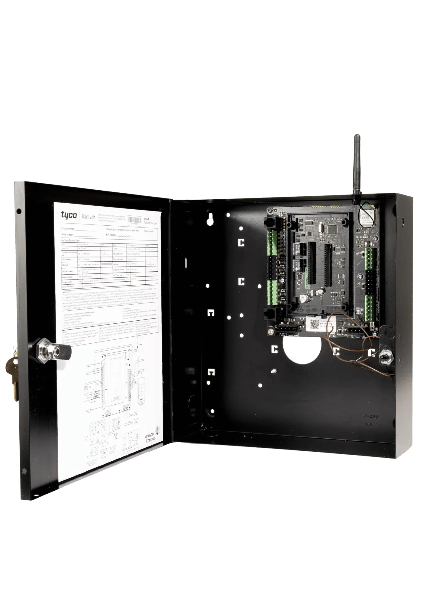 Kantech KT-2 controller shown in an open cabinet for accessibility and installation ease.