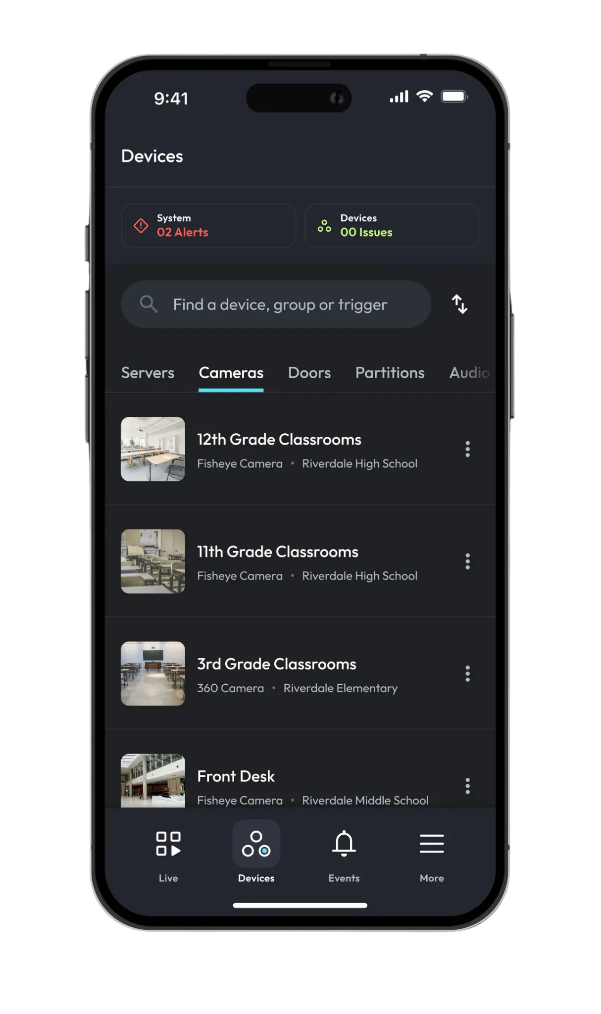 ExacqVision mobile app interface displaying camera management for classrooms and offices.